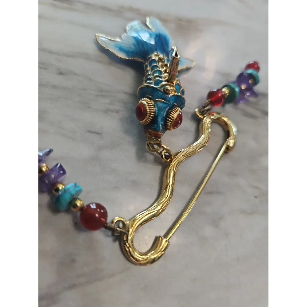 Vintage Cloisonne Enamel Koi Fish Brooch Gold Tone Accent Wearable Art